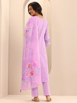 Libas Lavender Embroidered Cotton Blend A-line Suit Set With Dupatta