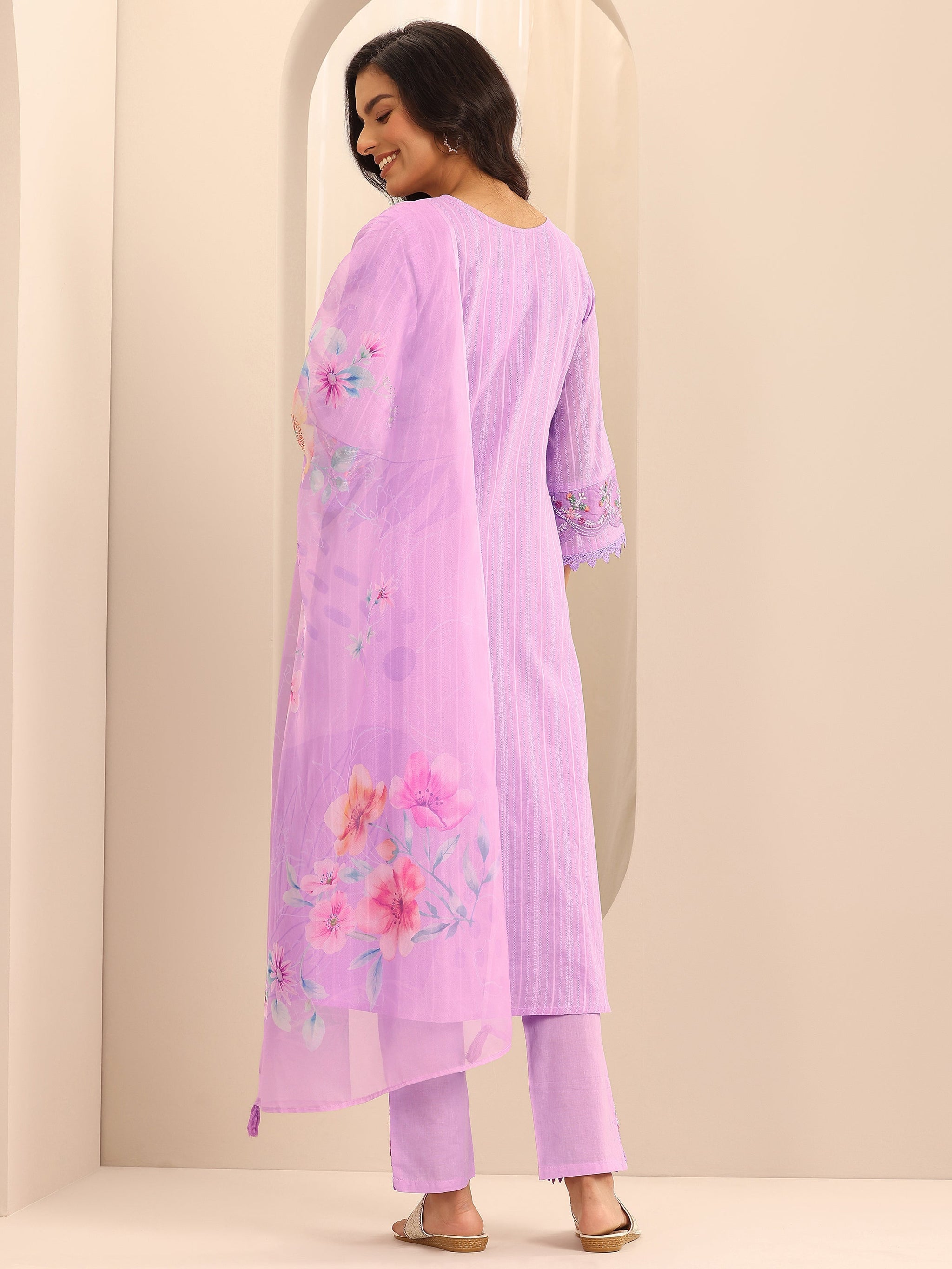 Libas Lavender Embroidered Cotton Blend A-line Suit Set With Dupatta