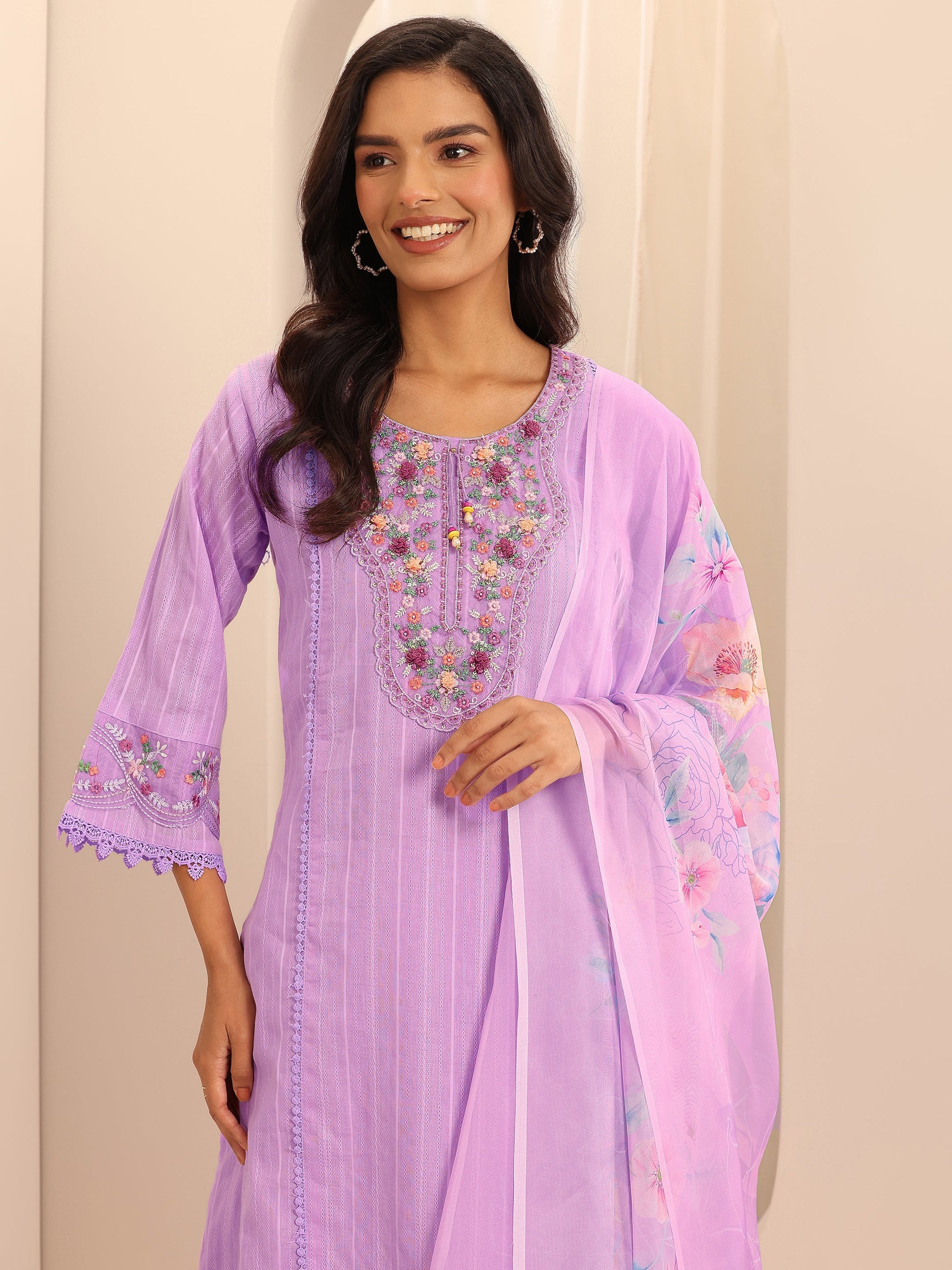 Libas Lavender Embroidered Cotton Blend A-line Suit Set With Dupatta