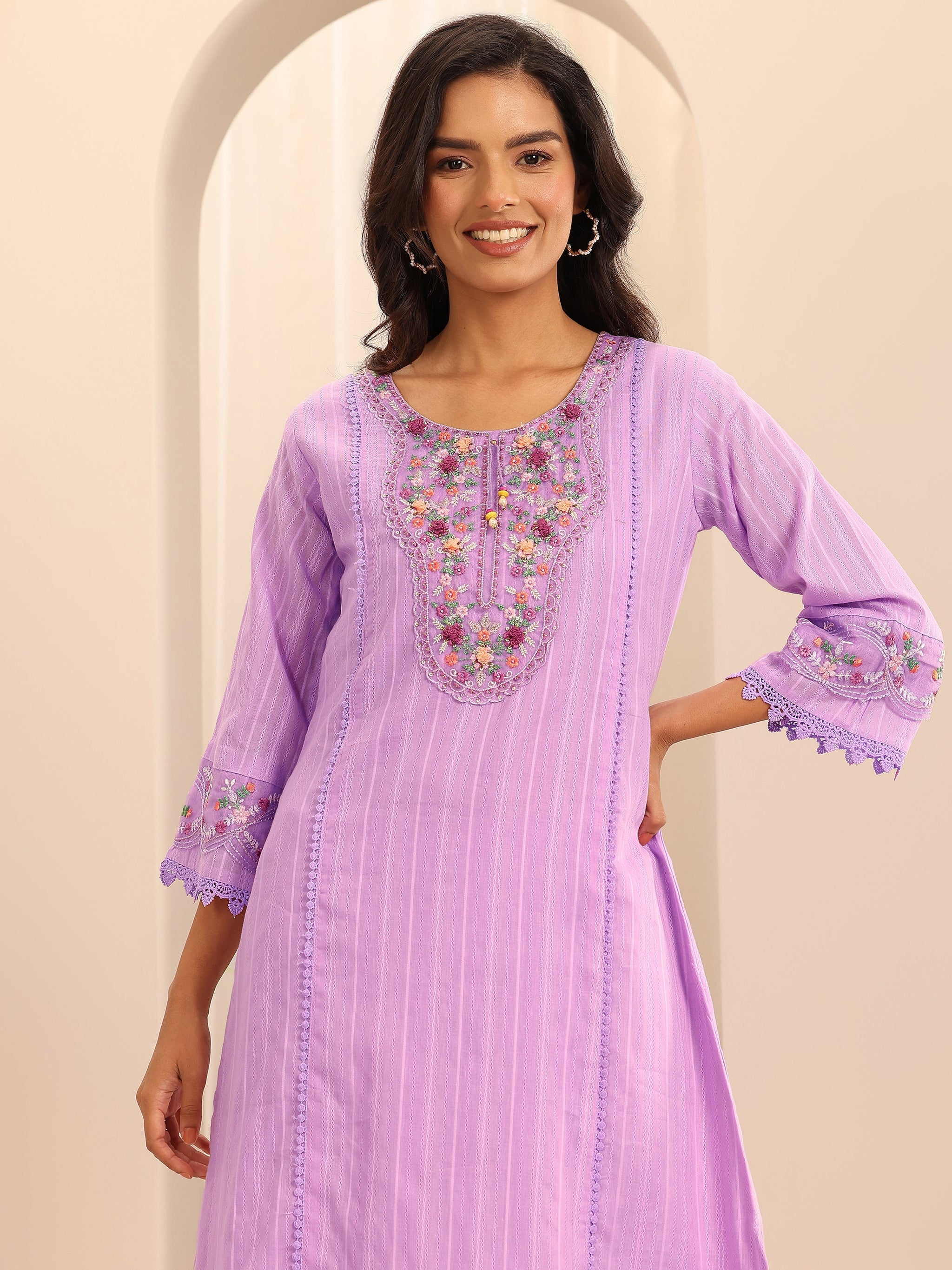 Libas Lavender Embroidered Cotton Blend A-line Suit Set With Dupatta