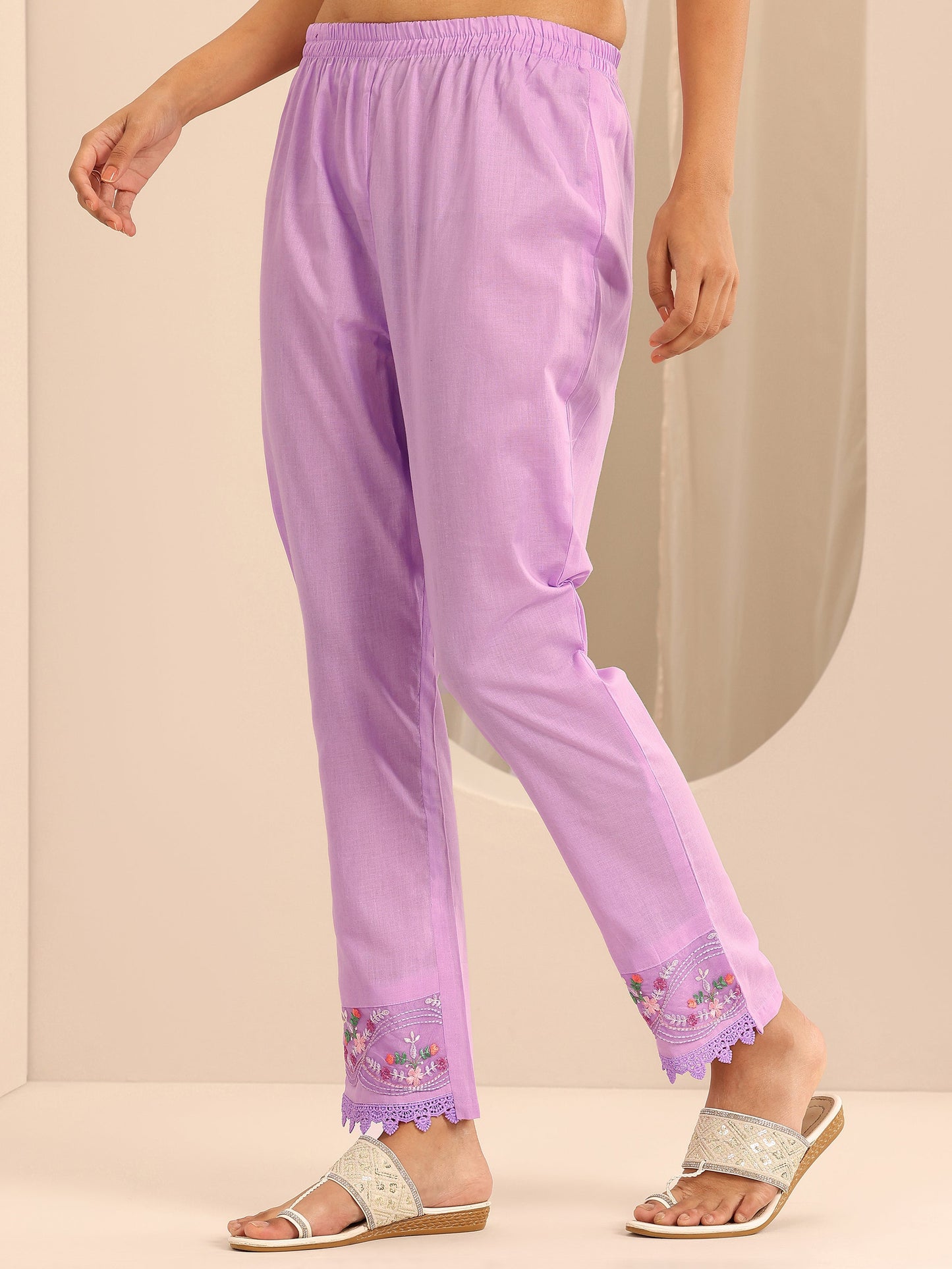 Libas Lavender Embroidered Cotton Blend A-line Suit Set With Dupatta