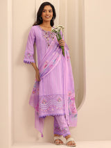 Libas Lavender Embroidered Cotton Blend A-line Suit Set With Dupatta