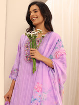 Libas Lavender Embroidered Cotton Blend A-line Suit Set With Dupatta