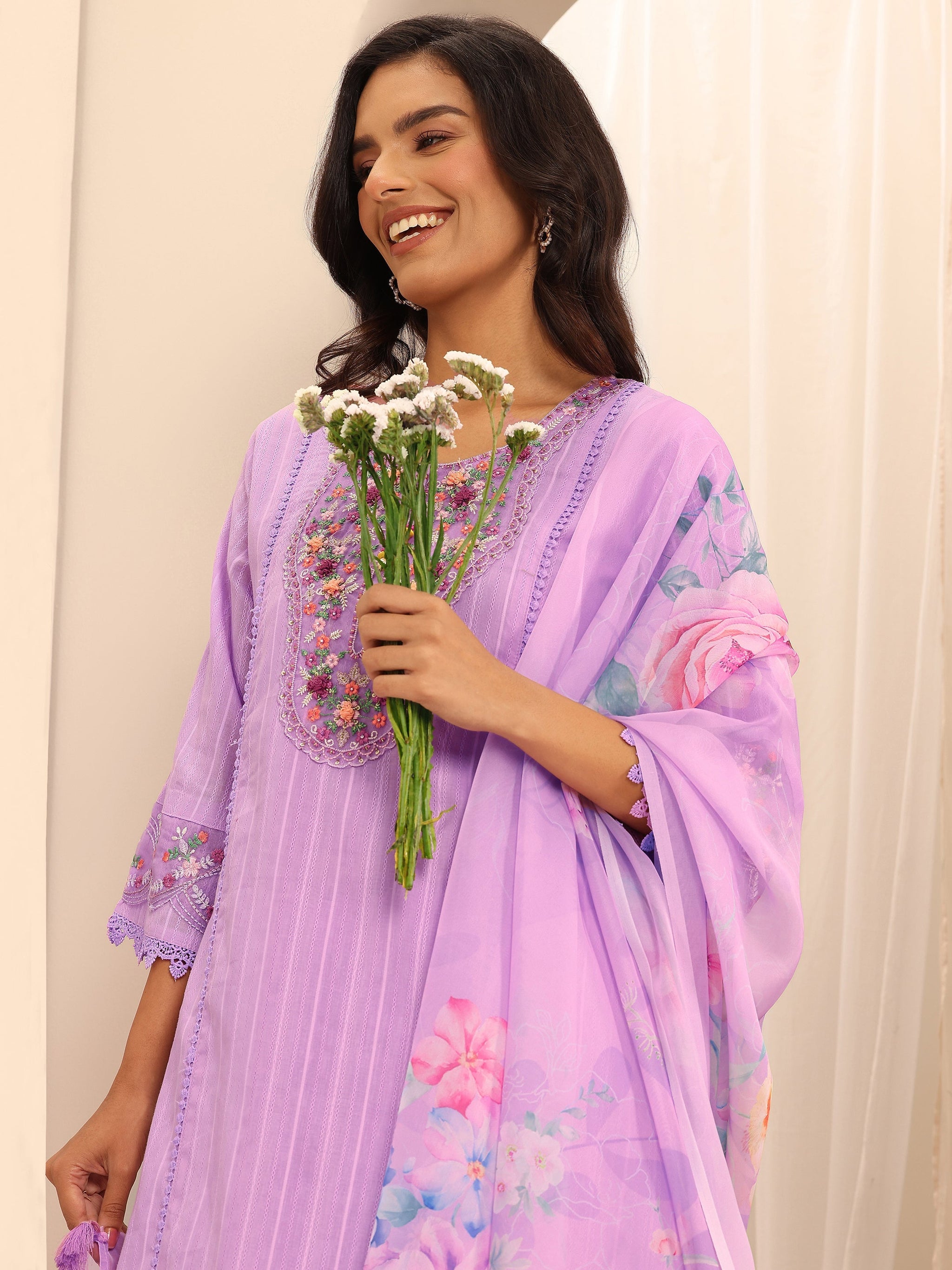 Libas Lavender Embroidered Cotton Blend A-line Suit Set With Dupatta