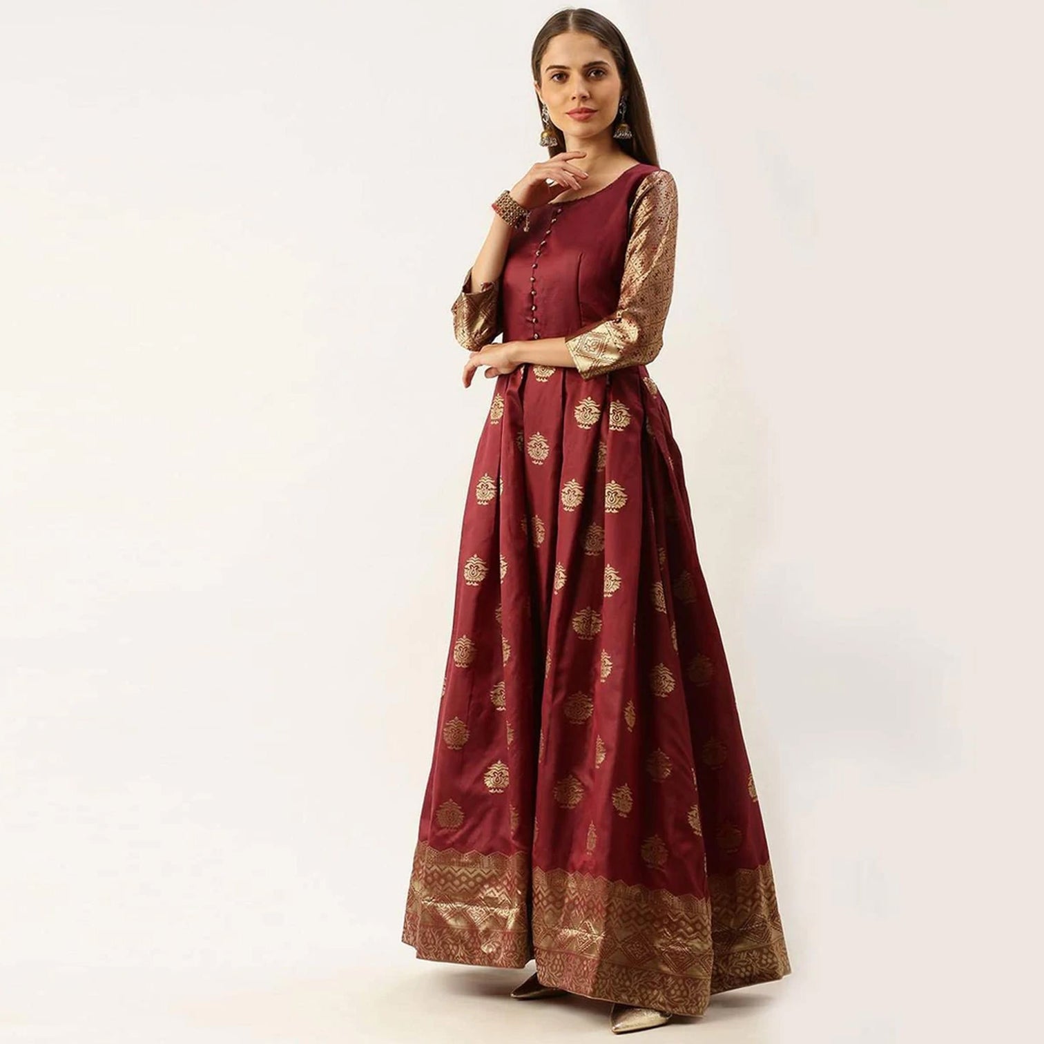 Maroon Color Box Cut Soft Silk Gown