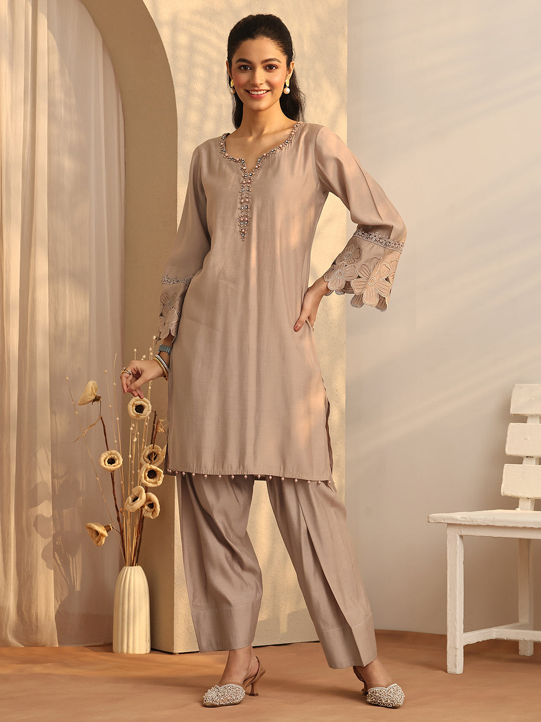 Mameraa Tan Brown Floral Painted Silk Blend Farshi Salwar Kurta Set