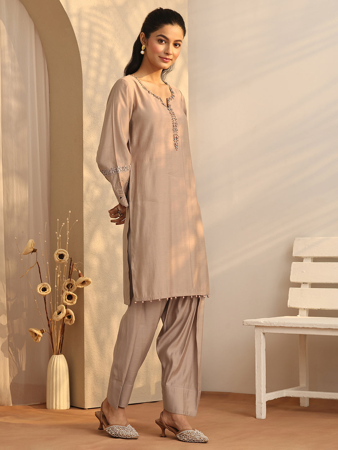 Mameraa Tan Brown Floral Painted Silk Blend Farshi Salwar Kurta Set