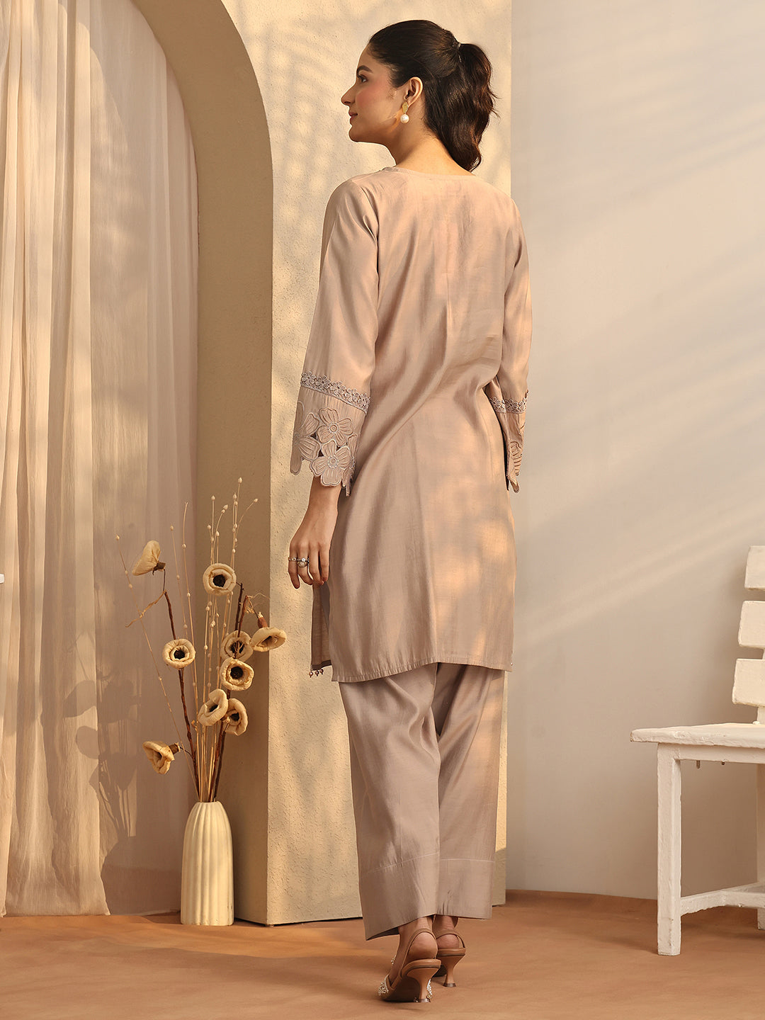 Mameraa Tan Brown Floral Painted Silk Blend Farshi Salwar Kurta Set