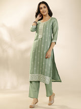 Libas Green Embroidered Silk Blend Straight Suit Set With Dupatta