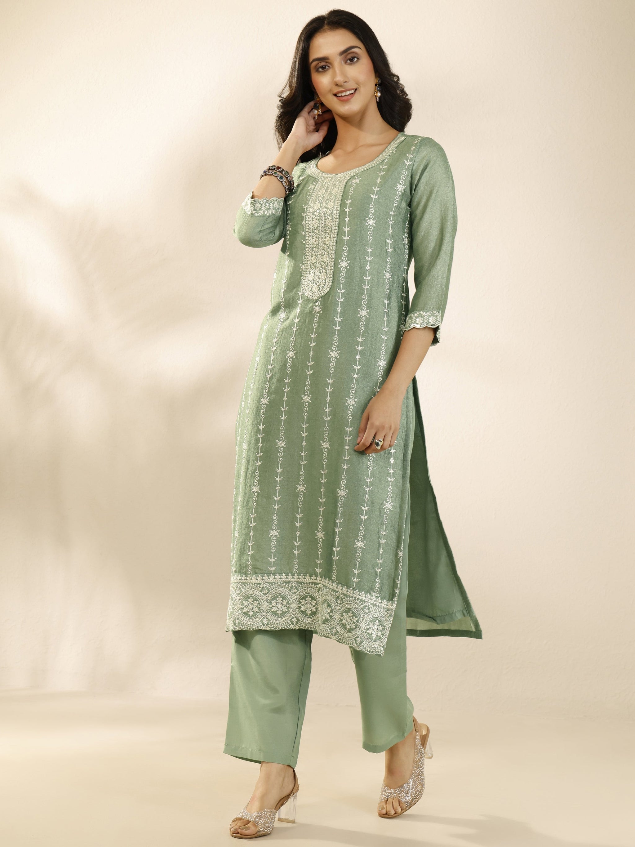 Libas Green Embroidered Silk Blend Straight Suit Set With Dupatta