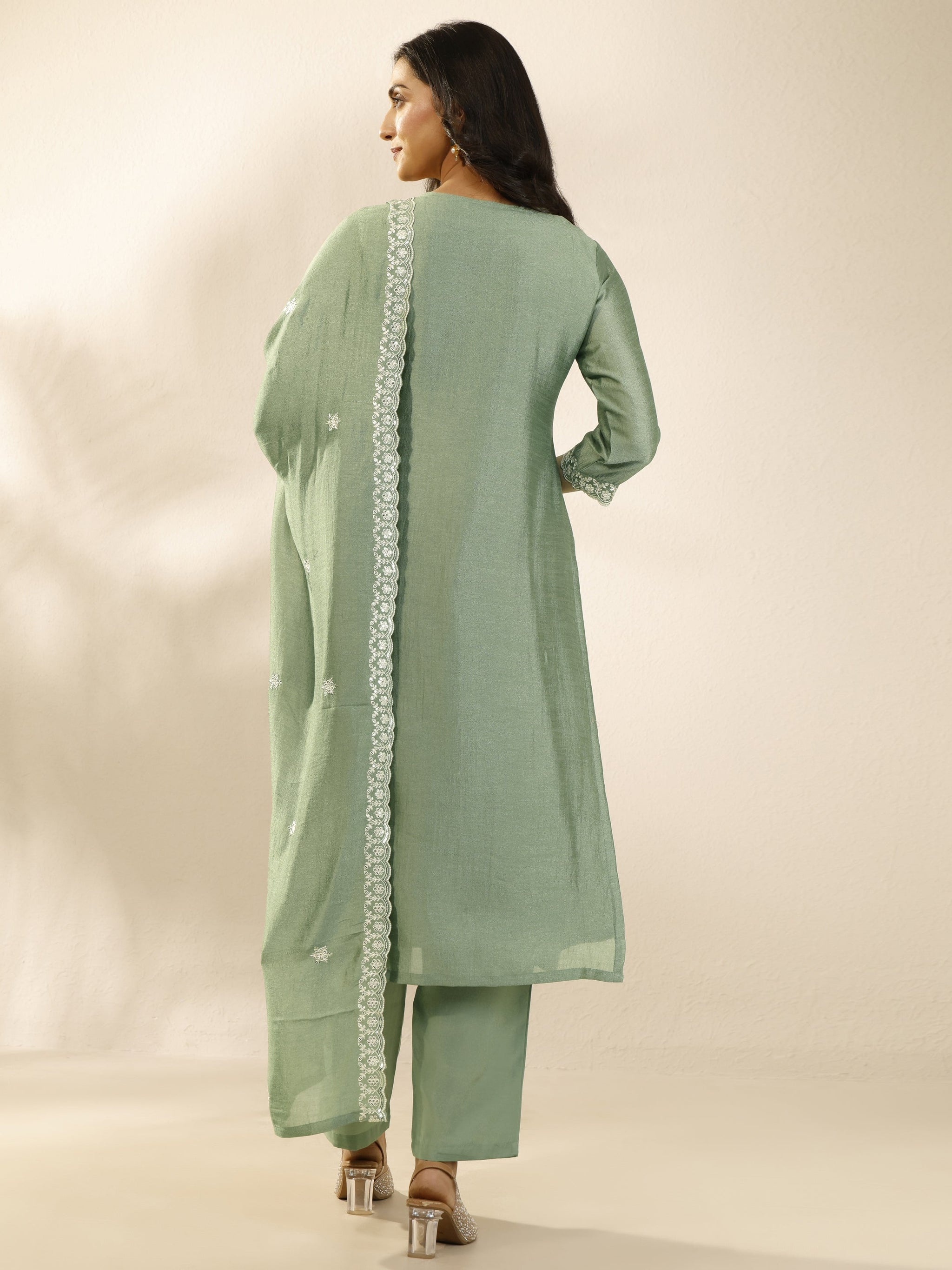 Libas Green Embroidered Silk Blend Straight Suit Set With Dupatta
