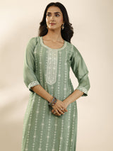 Libas Green Embroidered Silk Blend Straight Suit Set With Dupatta