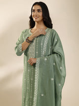 Libas Green Embroidered Silk Blend Straight Suit Set With Dupatta
