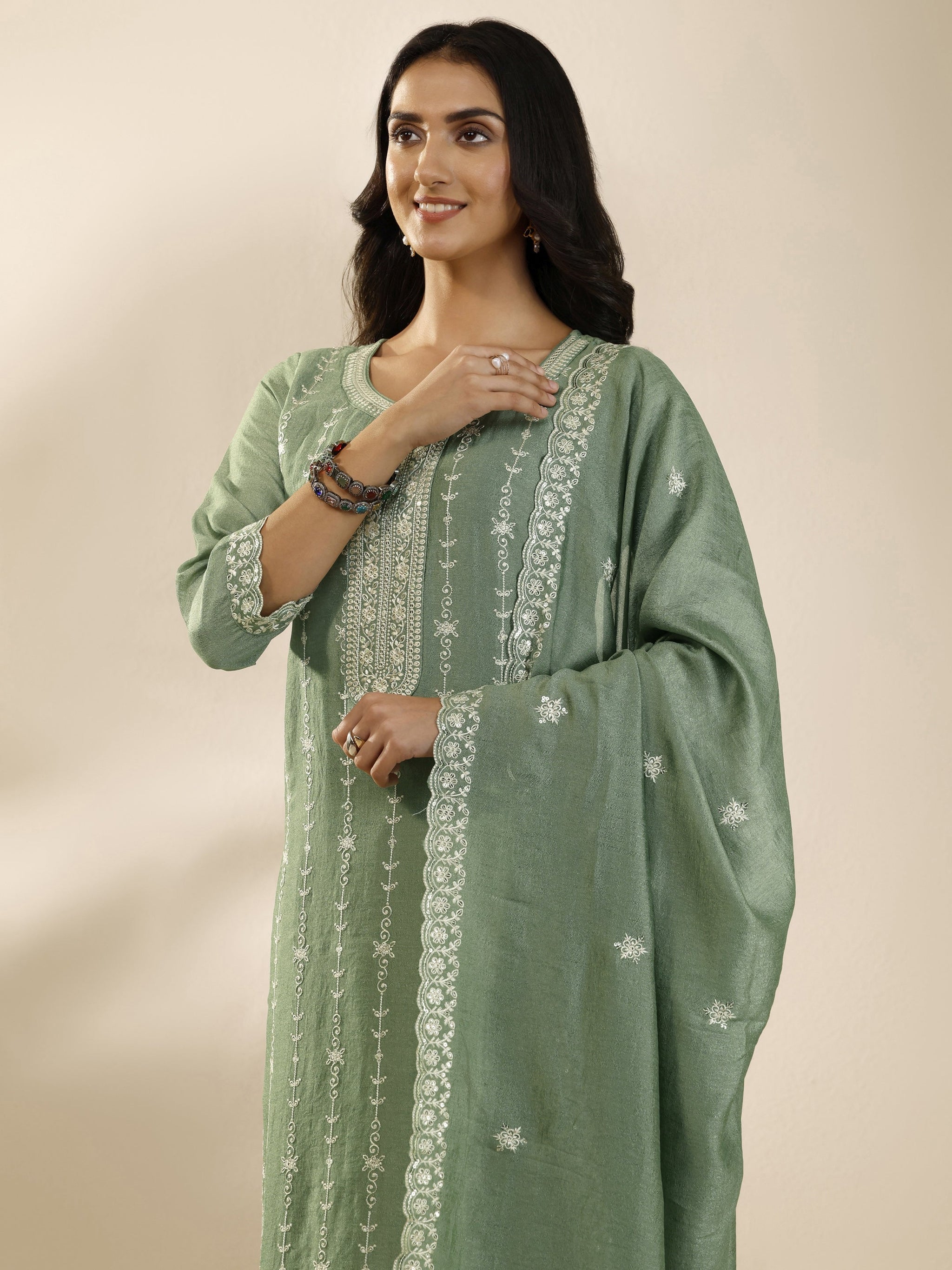 Libas Green Embroidered Silk Blend Straight Suit Set With Dupatta