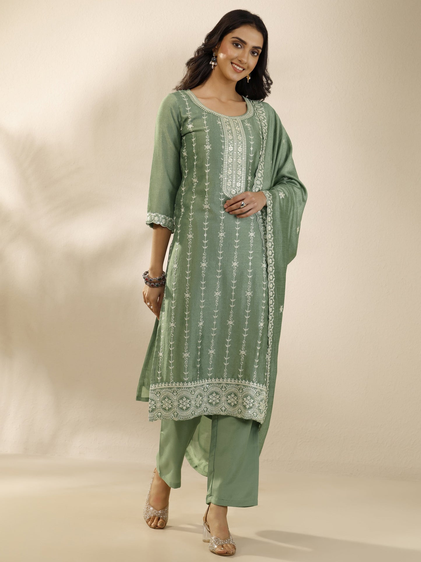 Libas Green Embroidered Silk Blend Straight Suit Set With Dupatta