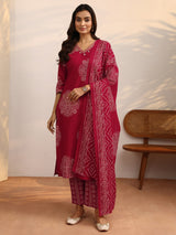 Libas Red Bandhani Printed Cotton Suit Set With Dupatta