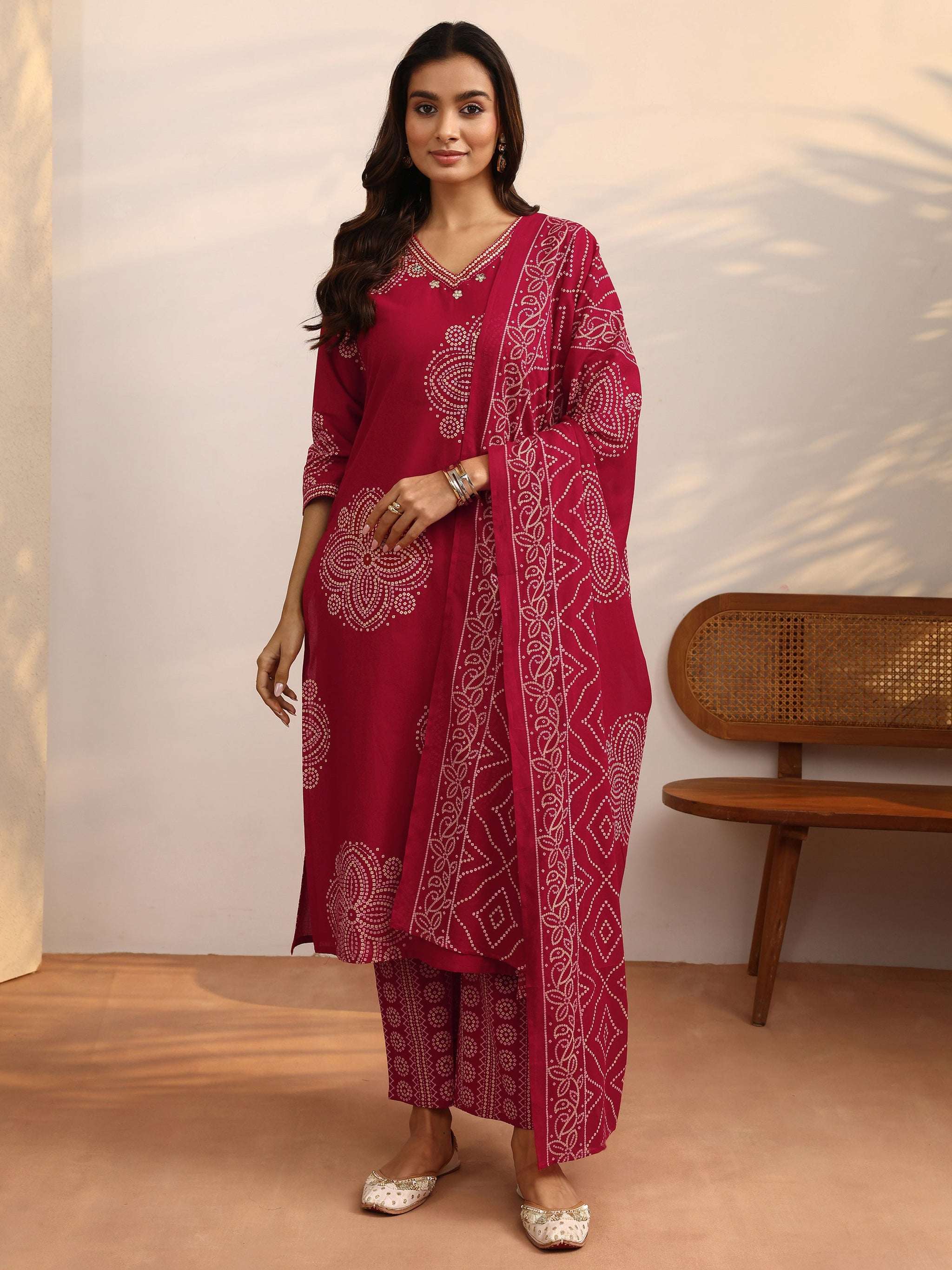 Libas Red Bandhani Printed Cotton Suit Set With Dupatta