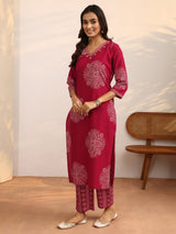 Libas Red Bandhani Printed Cotton Suit Set With Dupatta