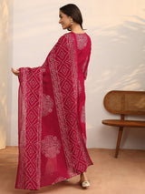 Libas Red Bandhani Printed Cotton Suit Set With Dupatta