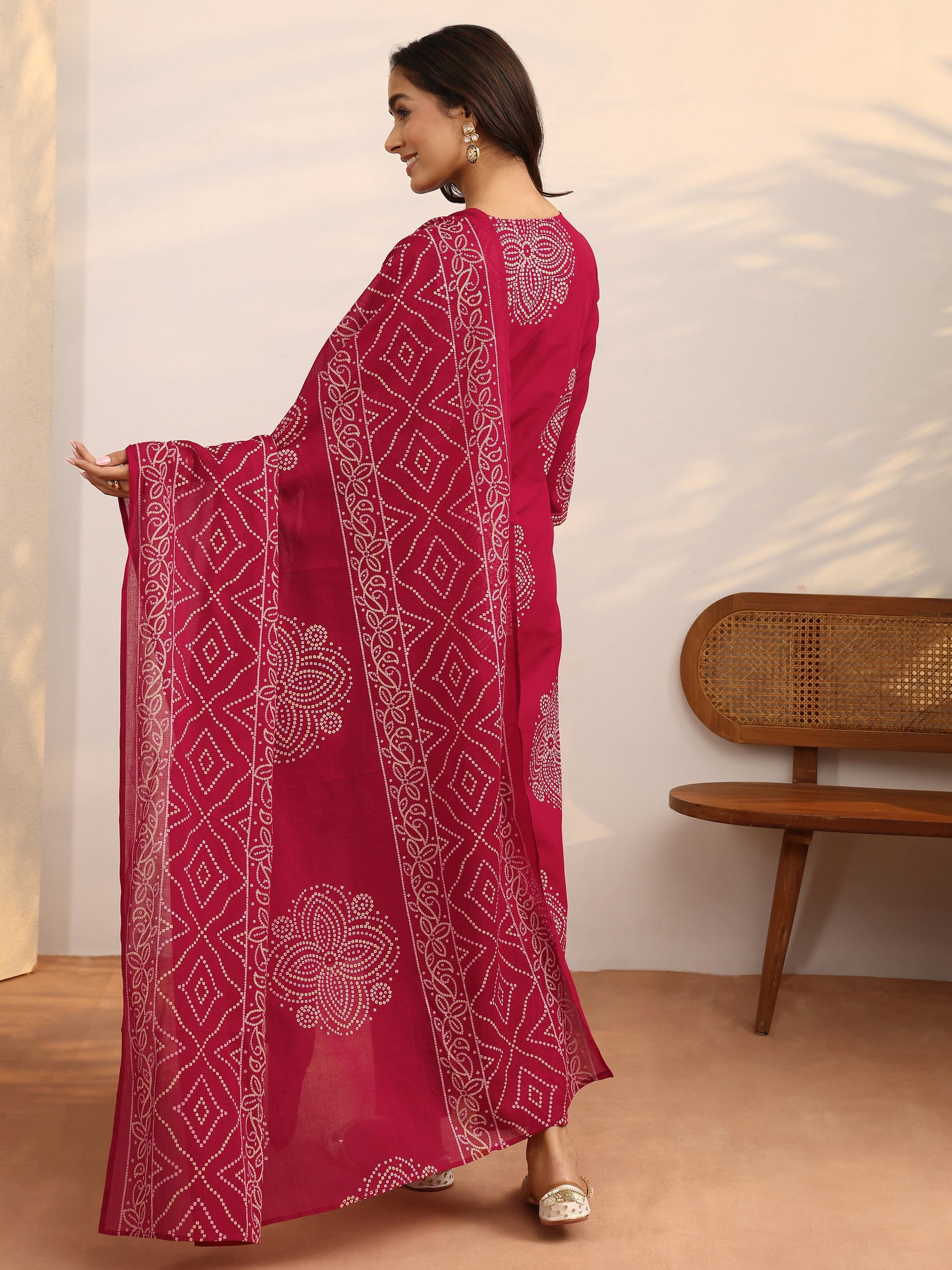 Libas Red Bandhani Printed Cotton Suit Set With Dupatta