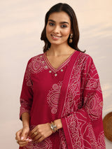 Libas Red Bandhani Printed Cotton Suit Set With Dupatta