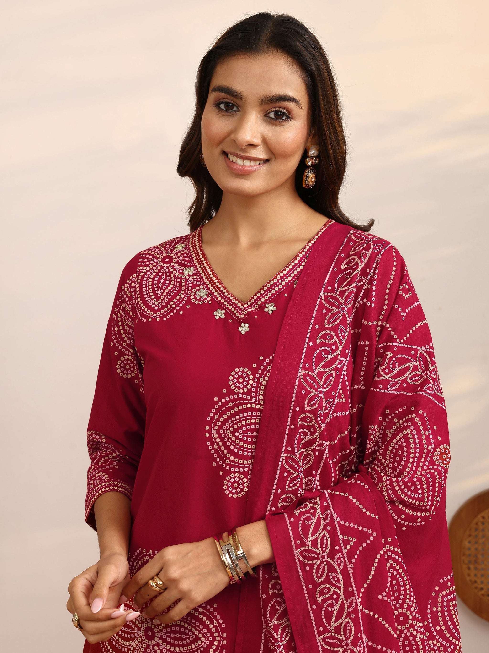 Libas Red Bandhani Printed Cotton Suit Set With Dupatta