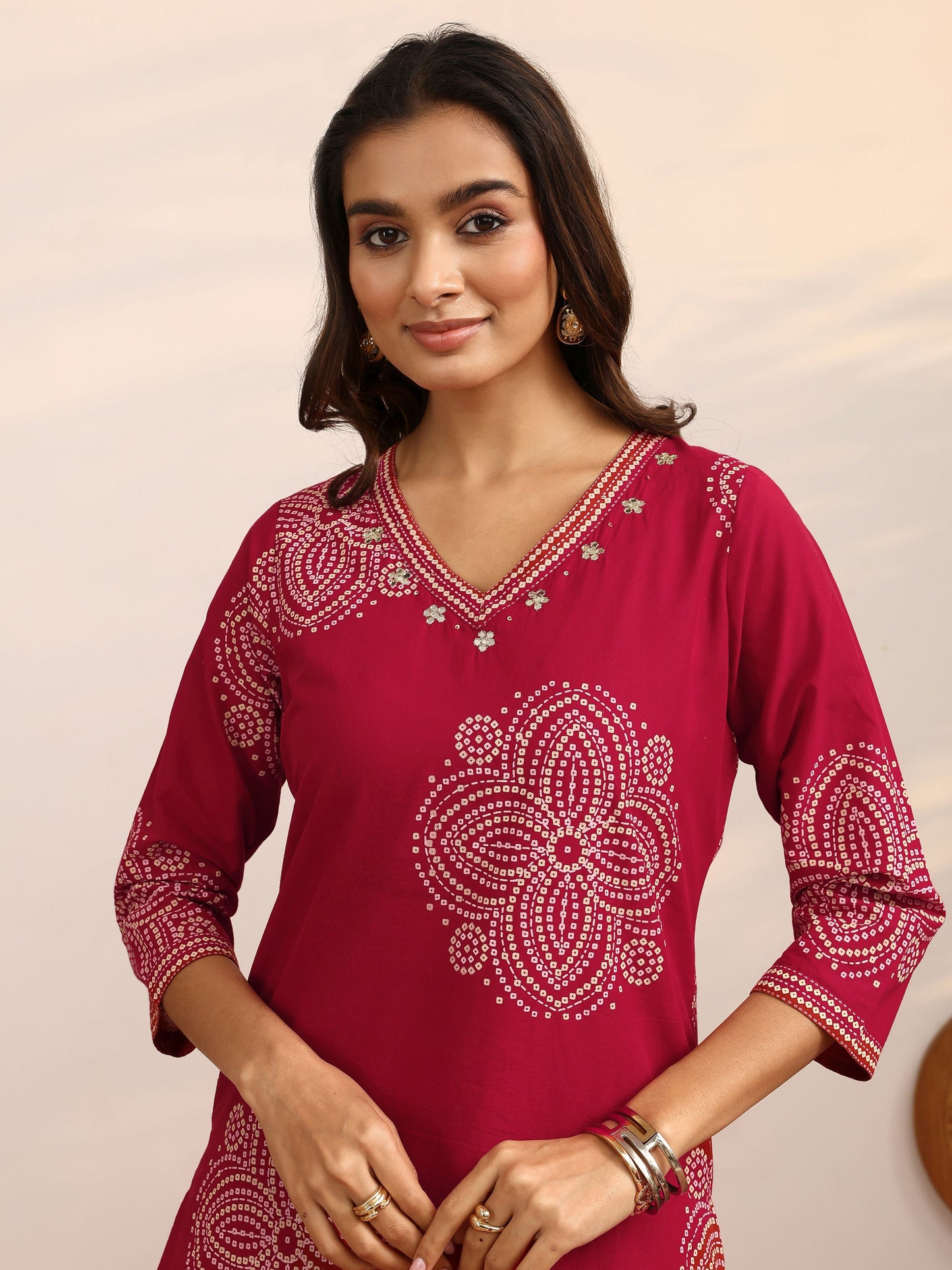 Libas Red Bandhani Printed Cotton Suit Set With Dupatta