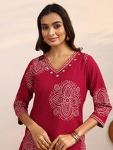 Libas Red Bandhani Printed Cotton Suit Set With Dupatta