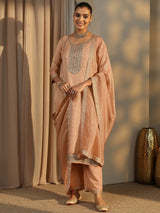 Libas Peach Embroidered Silk Blend Straight Suit Set With Dupatta