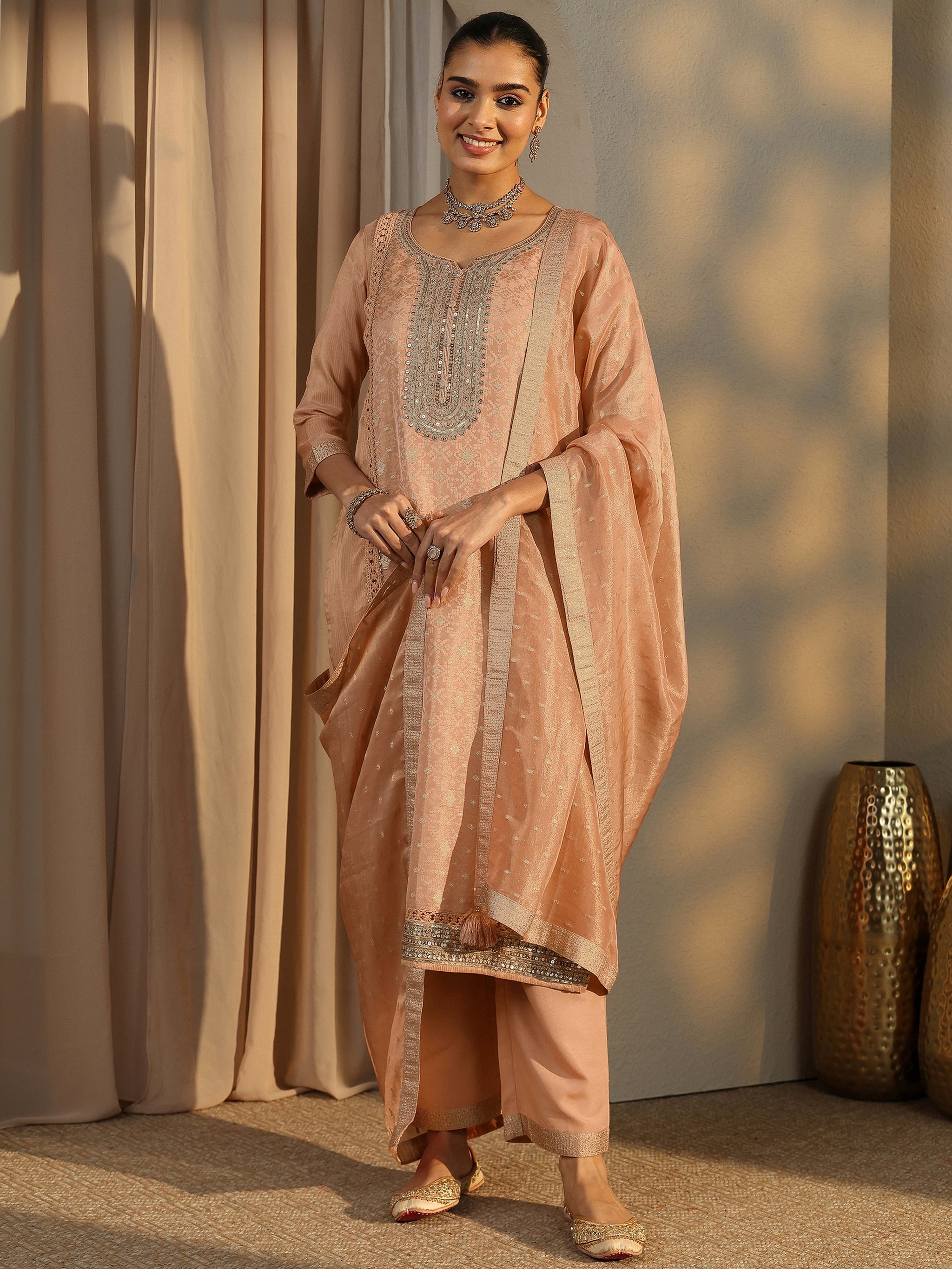 Libas Peach Embroidered Silk Blend Straight Suit Set With Dupatta