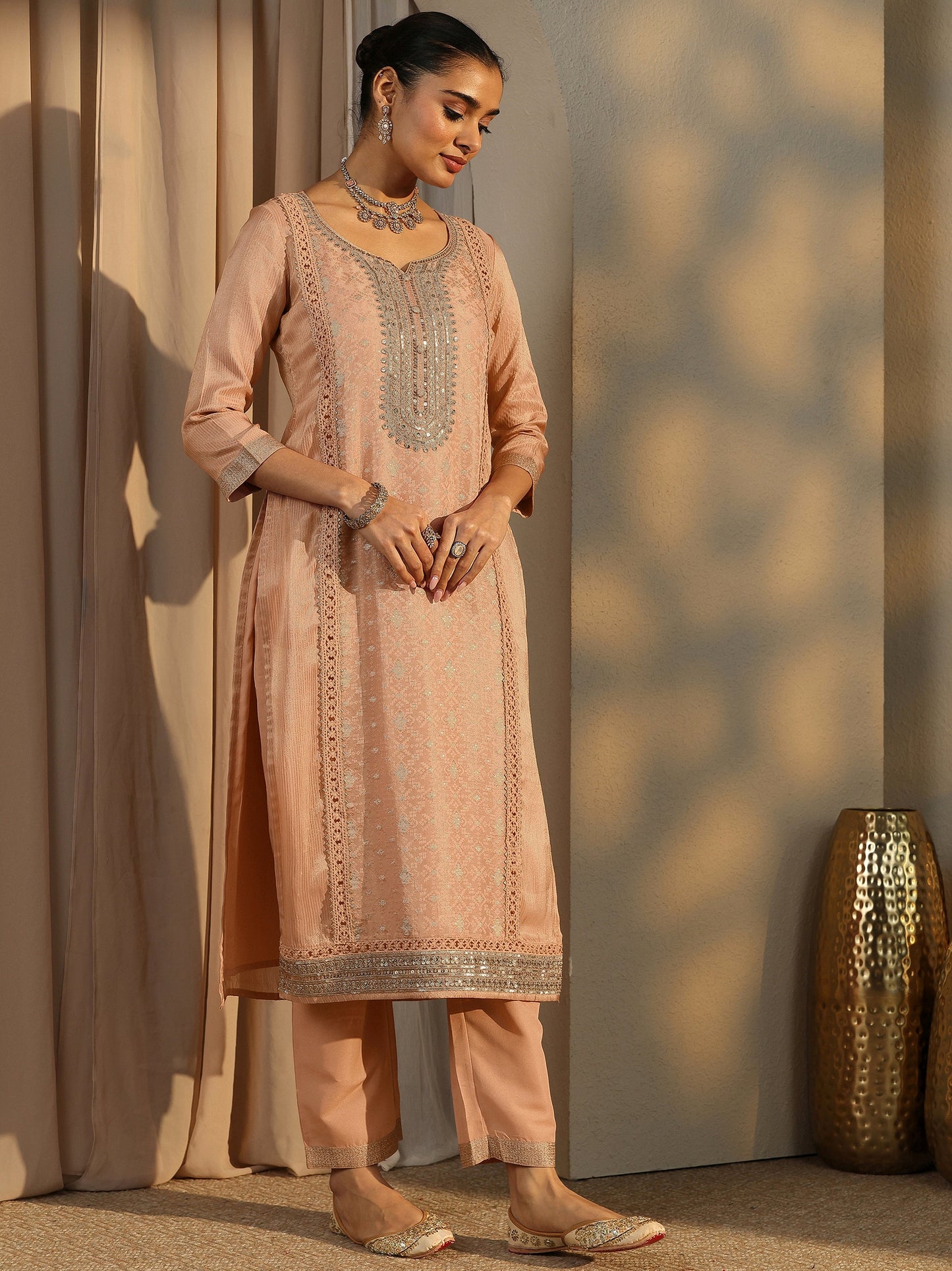 Libas Peach Embroidered Silk Blend Straight Suit Set With Dupatta