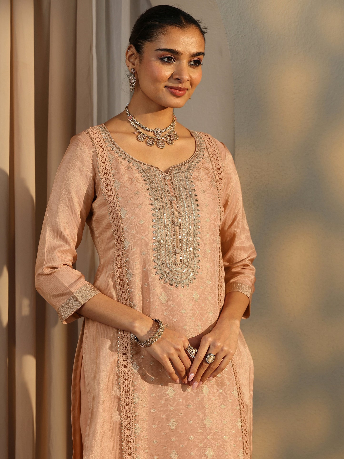 Libas Peach Embroidered Silk Blend Straight Suit Set With Dupatta