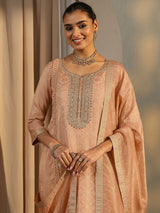 Libas Peach Embroidered Silk Blend Straight Suit Set With Dupatta