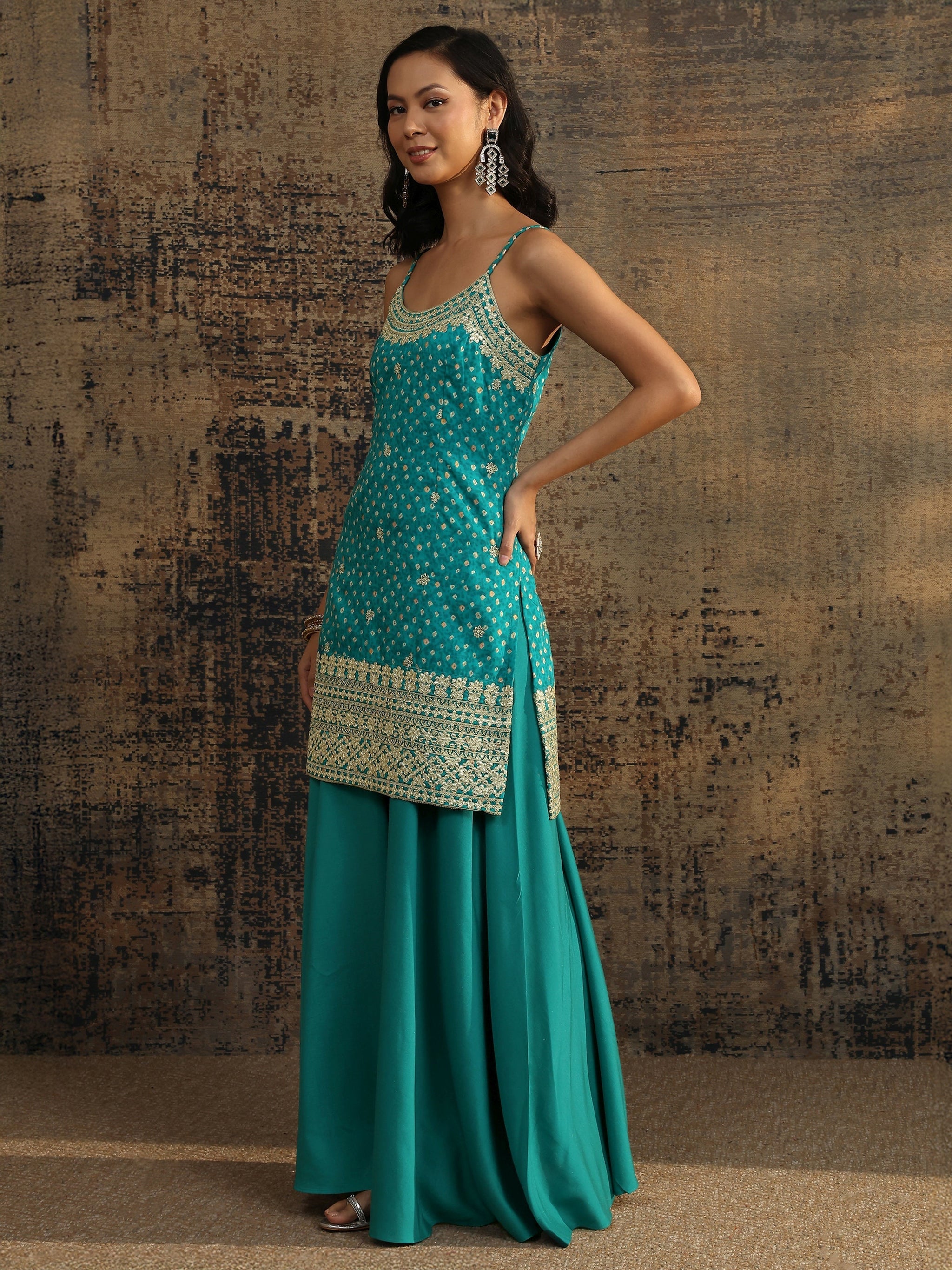 Libas Blue Bandhani Printed Silk Blend Straight Suit Set With Dupatta