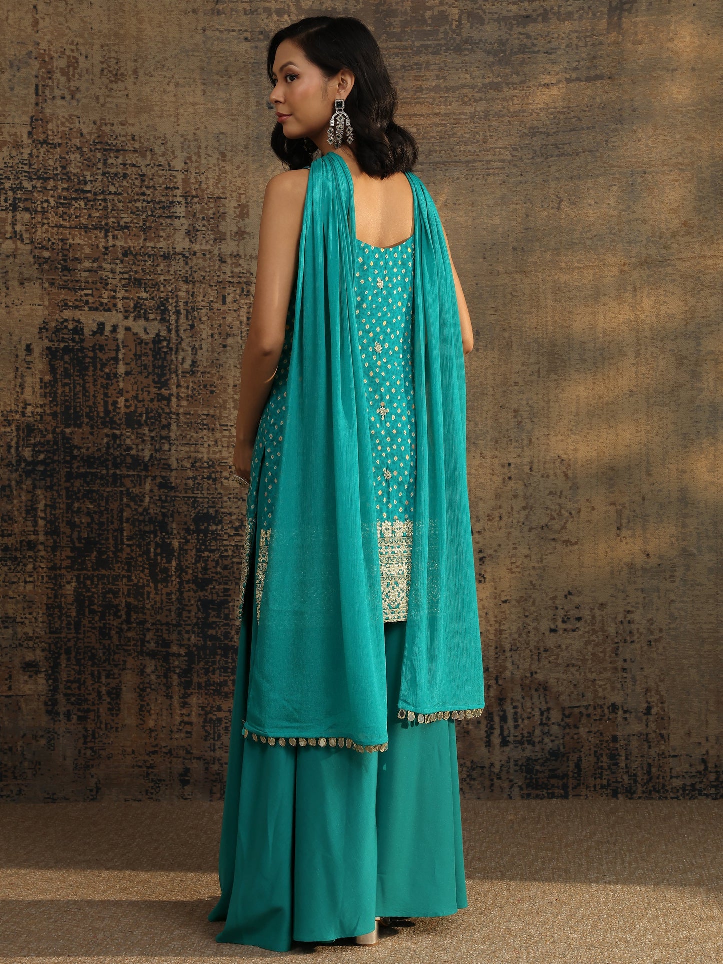 Libas Blue Bandhani Printed Silk Blend Straight Suit Set With Dupatta