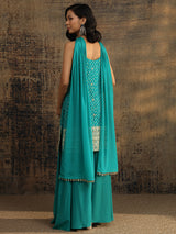 Libas Blue Bandhani Printed Silk Blend Straight Suit Set With Dupatta