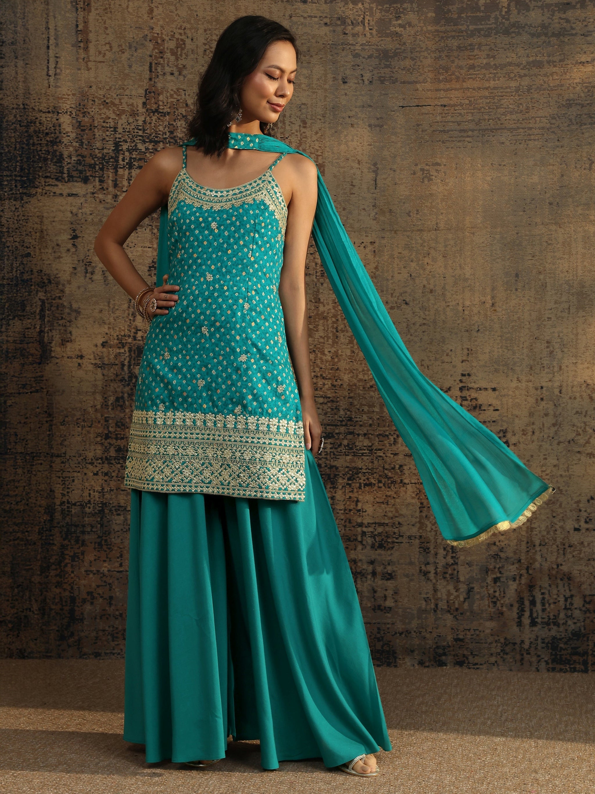 Libas Blue Bandhani Printed Silk Blend Straight Suit Set With Dupatta