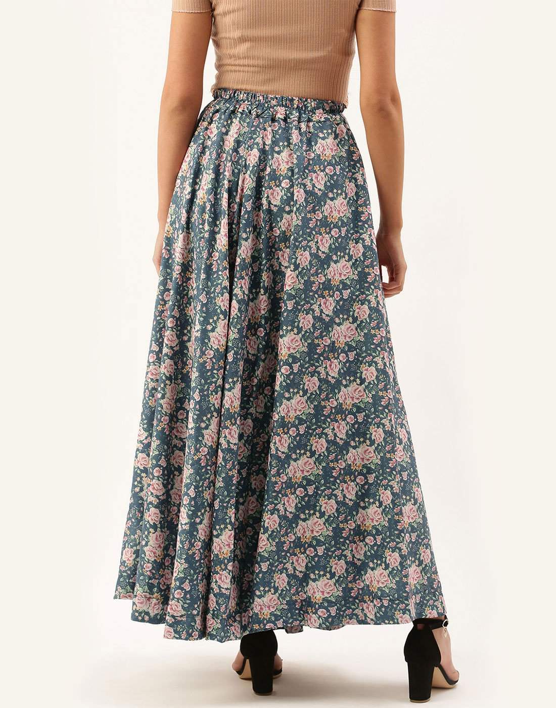 Grey Color Rayon Cotton Skirt with Digital Flowers Print