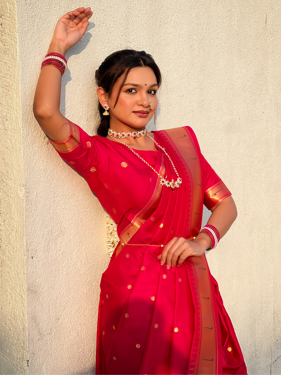 Pink wedding special nauvari paithani soft silk saree with zari woven polka motifs and peacock pallu