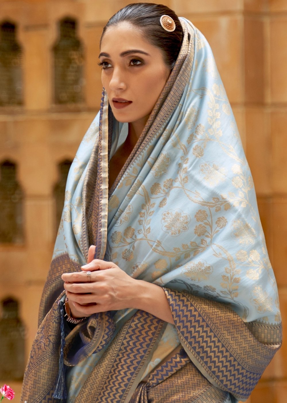 Coral Blue Zari Woven Kanjivaram Silk Saree