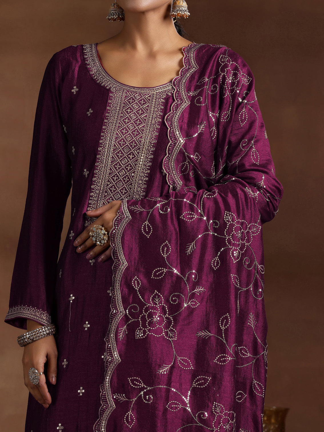 Mameraa Wine Embroidered Silk Blend Straight Suit With Dupatta
