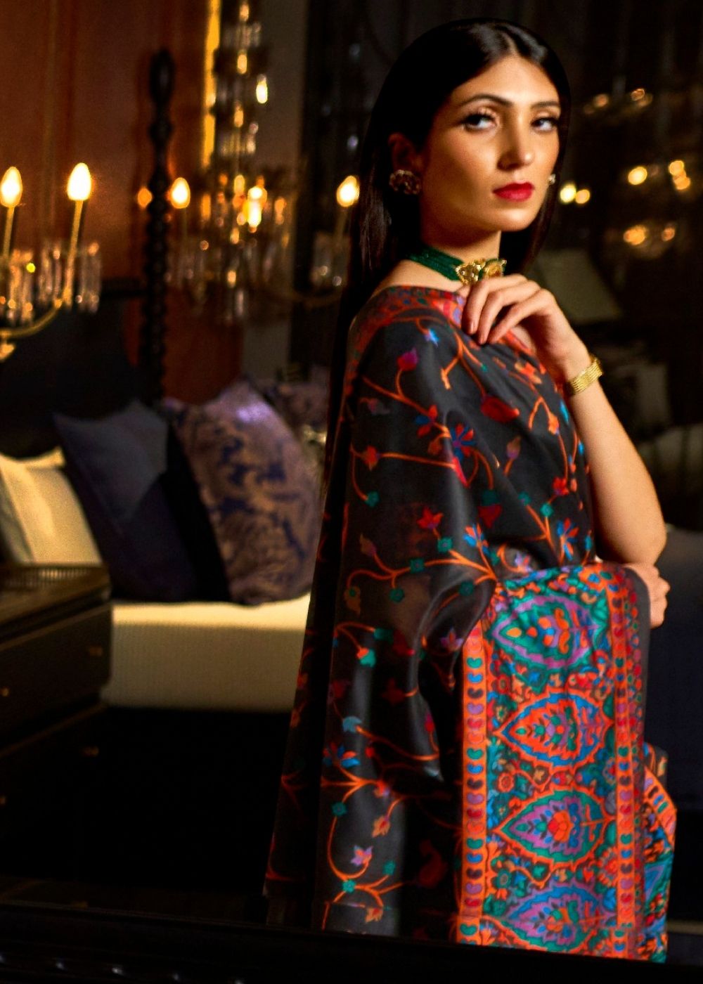 Ebony Black Banarasi Jamawar Woven Silk Saree : Top Pick