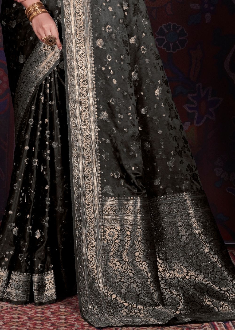 Pitch Black Zari Woven Satin Silk Saree