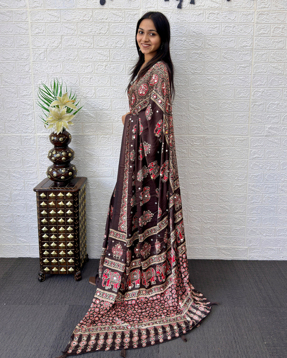 Chocolate brown modal silk saree with elephant motif heritage print designer pallu traditional festive wear saree
