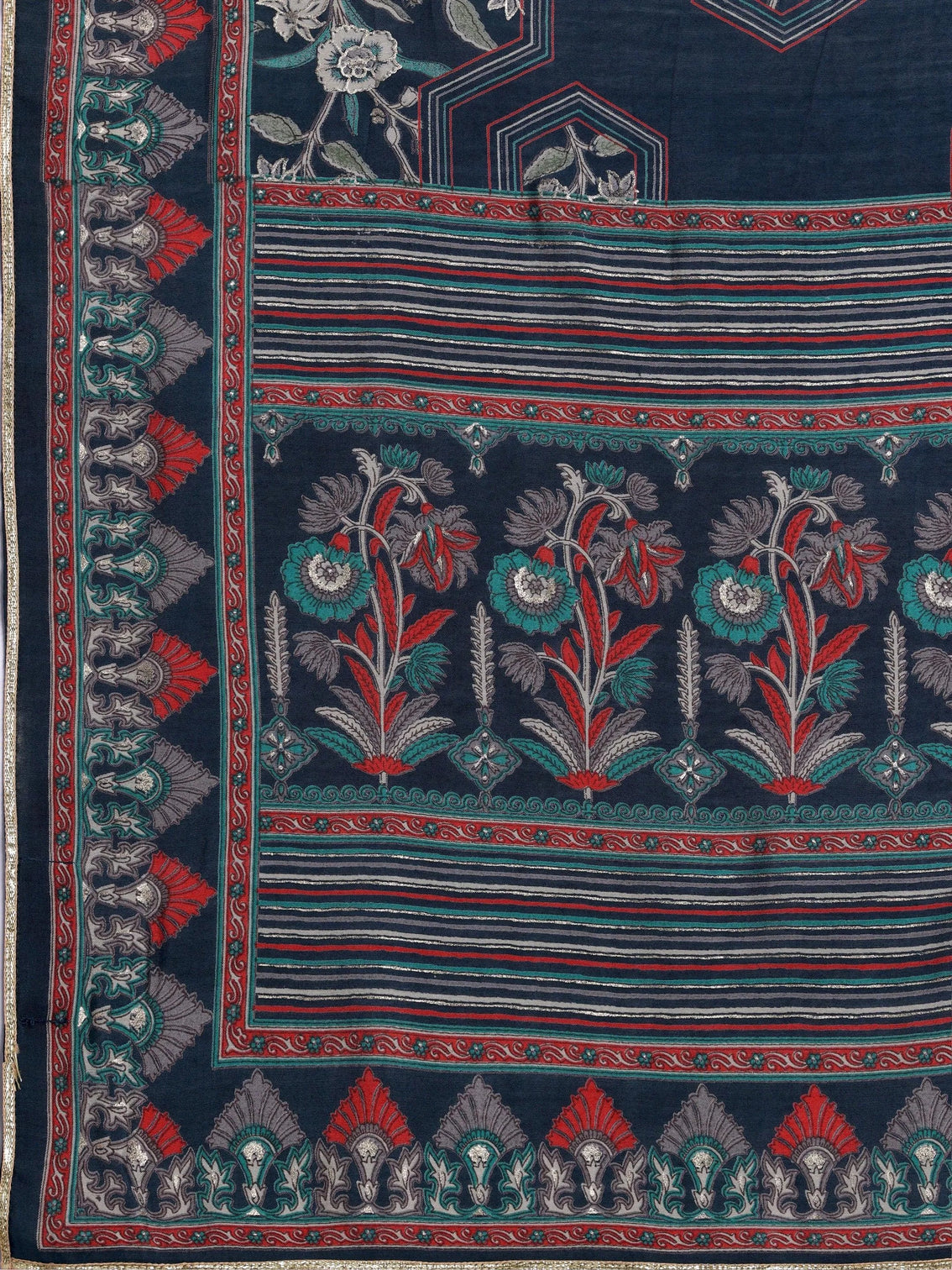 Mameraa Blue Printed Silk Blend A-Line Kurta With Palazzos & Dupatta