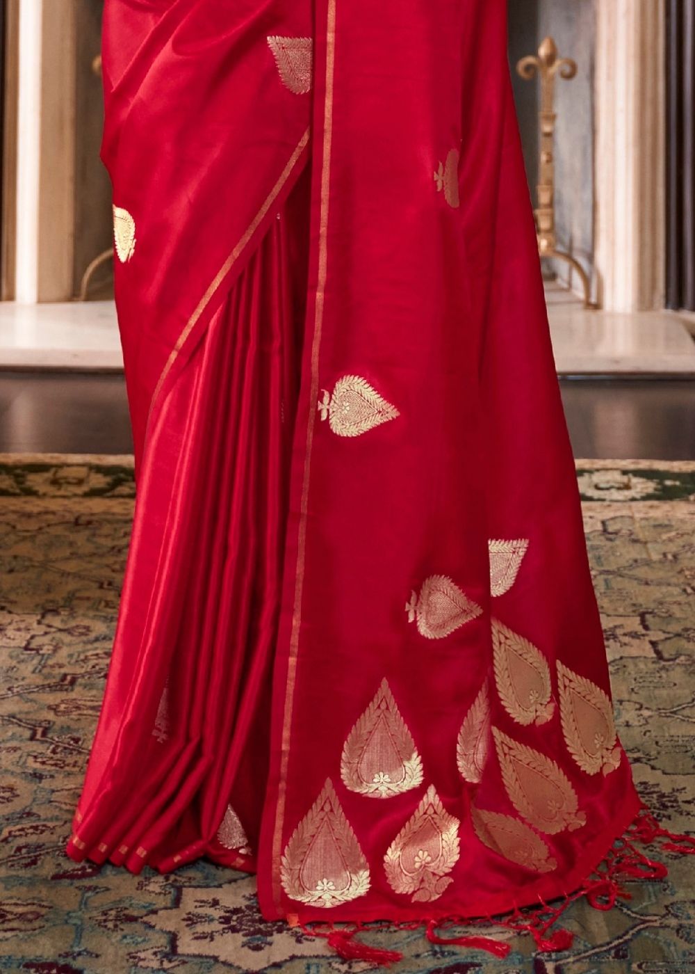 Rose Red Zari Butta Woven Banarasi Silk Saree : Top Pick