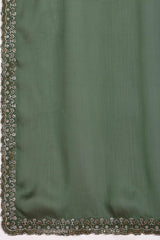 Green Solid Satin Chiffon Saree With Cutdana & Zarkan Handwork
