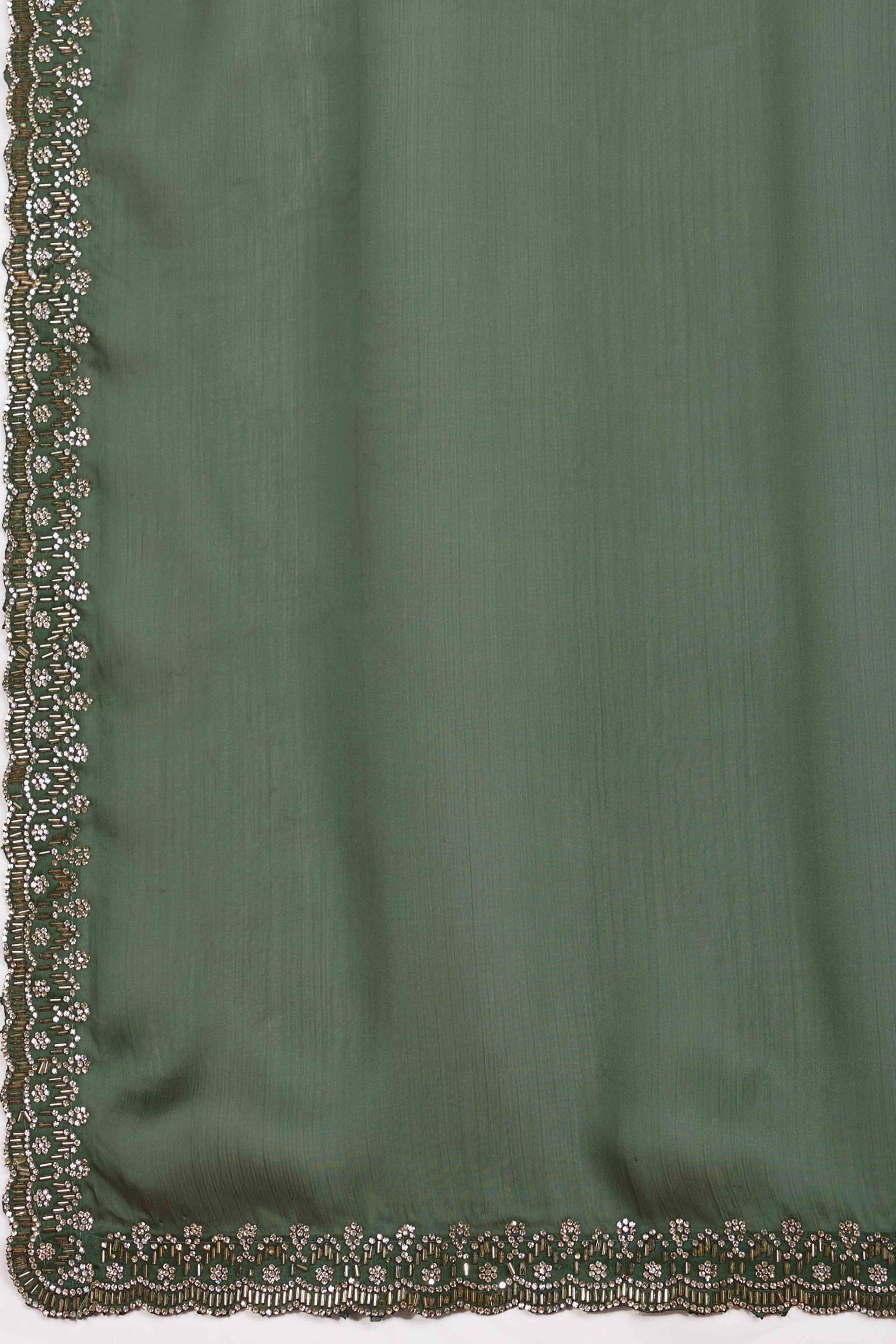 Green Solid Satin Chiffon Saree With Cutdana & Zarkan Handwork