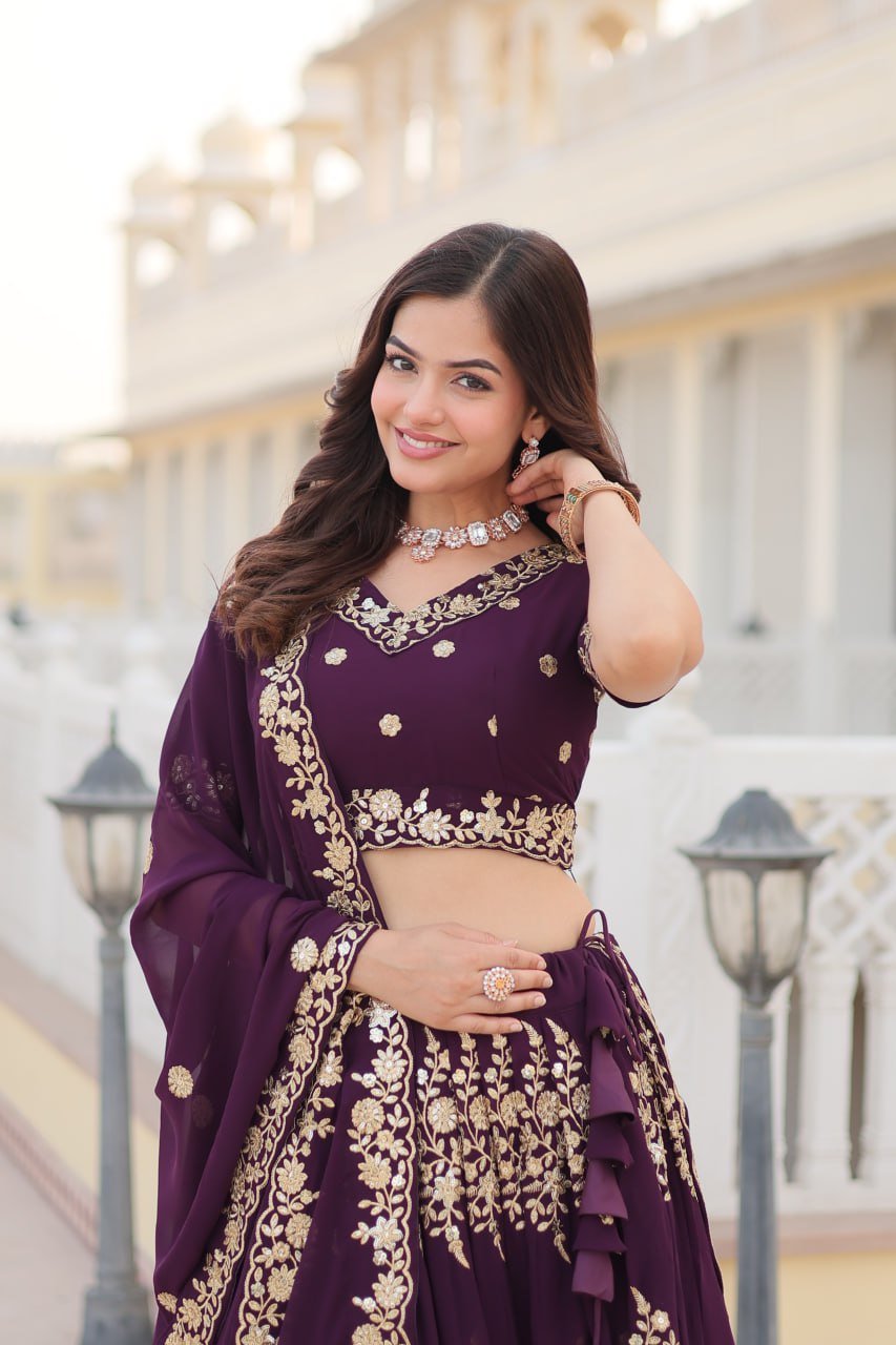 Faux Blooming PuGeorgette rple Lehenga Choli Set with Heavy Embroidered Work
