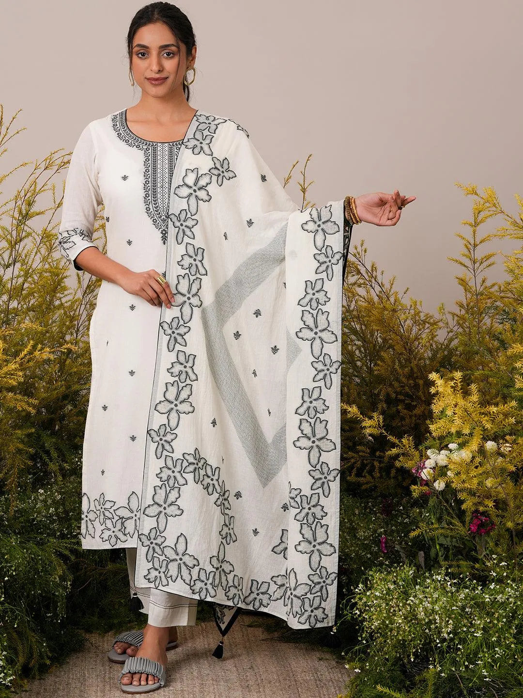 Libas Off White Woven Design Cotton Straight Suit With Dupatta